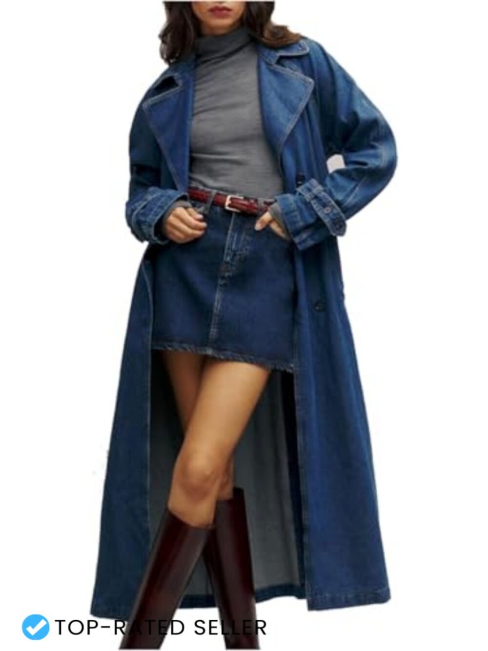 Women's Denim Trench Coat Midi Overcoat Classic Lapel Long Jacket
